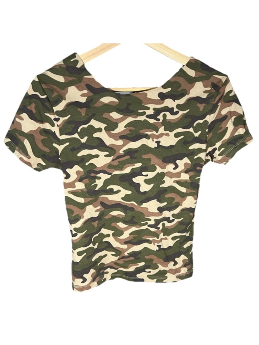 Self Love & Confidence Brown Camouflage Pattern Short Sleeve Shirt Top Womens XS